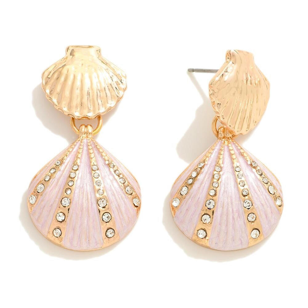Linked Metal Shell Earrings With Rhinestone Detail - Pink